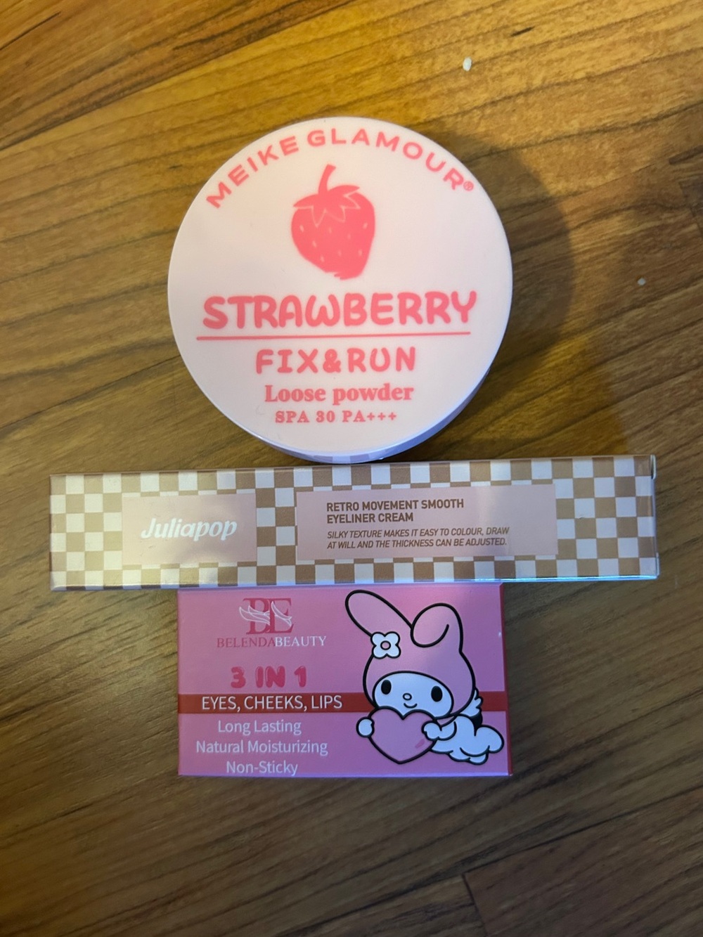Strawberry fix and run, my melody, and eye liner with slant applicator.